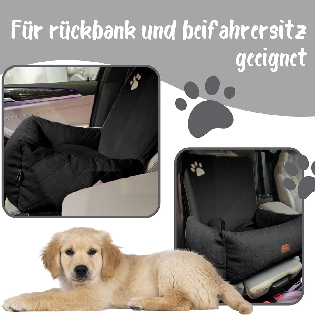 Golden Dog -Transportbox Hund mit Sicherheitsgurt L 83 x 66 cm Leder Imitation Autositz Hund, Wasser