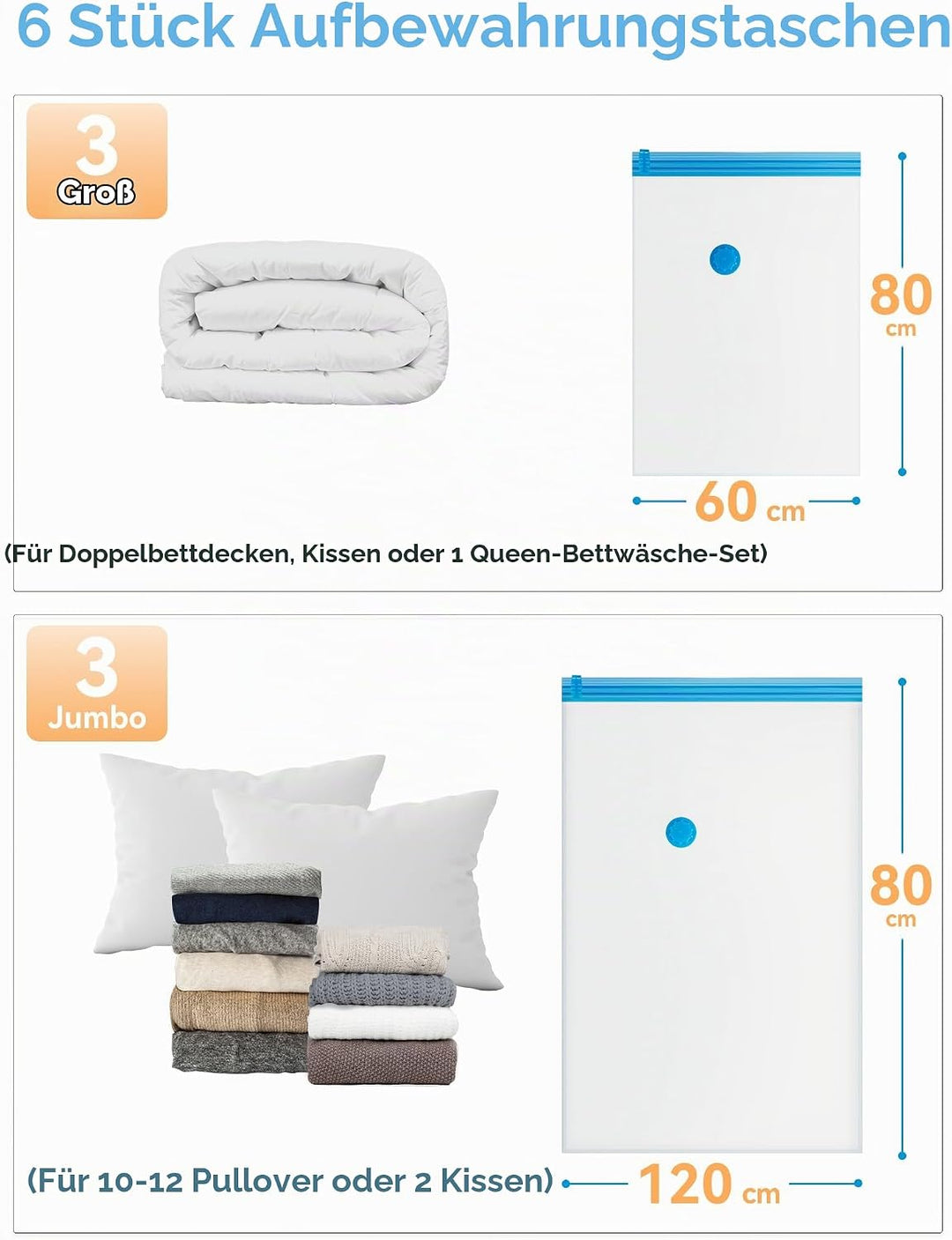 HEETA 6 Stück Vakuumbeutel für Kleidung(3 Jumbo+3 Gross) Vakuum Wiederverwendbar Kleiderbeutel mit A