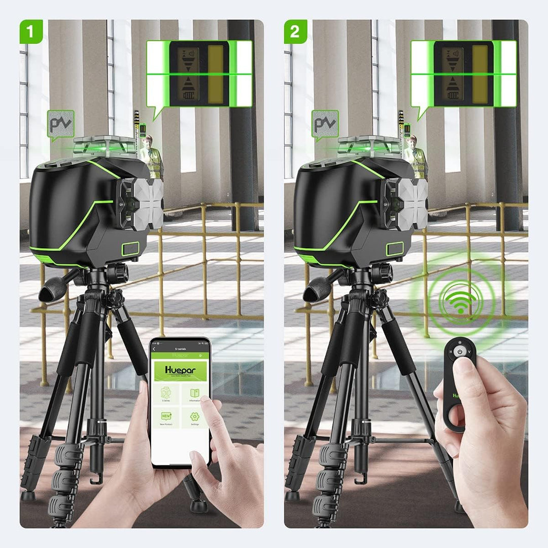 Huepar 12 Linien-3D selbstnivellierendes Laserniveau mit LCD-Bildschirm 3 x 360 ° Bluetooth-Verbindu