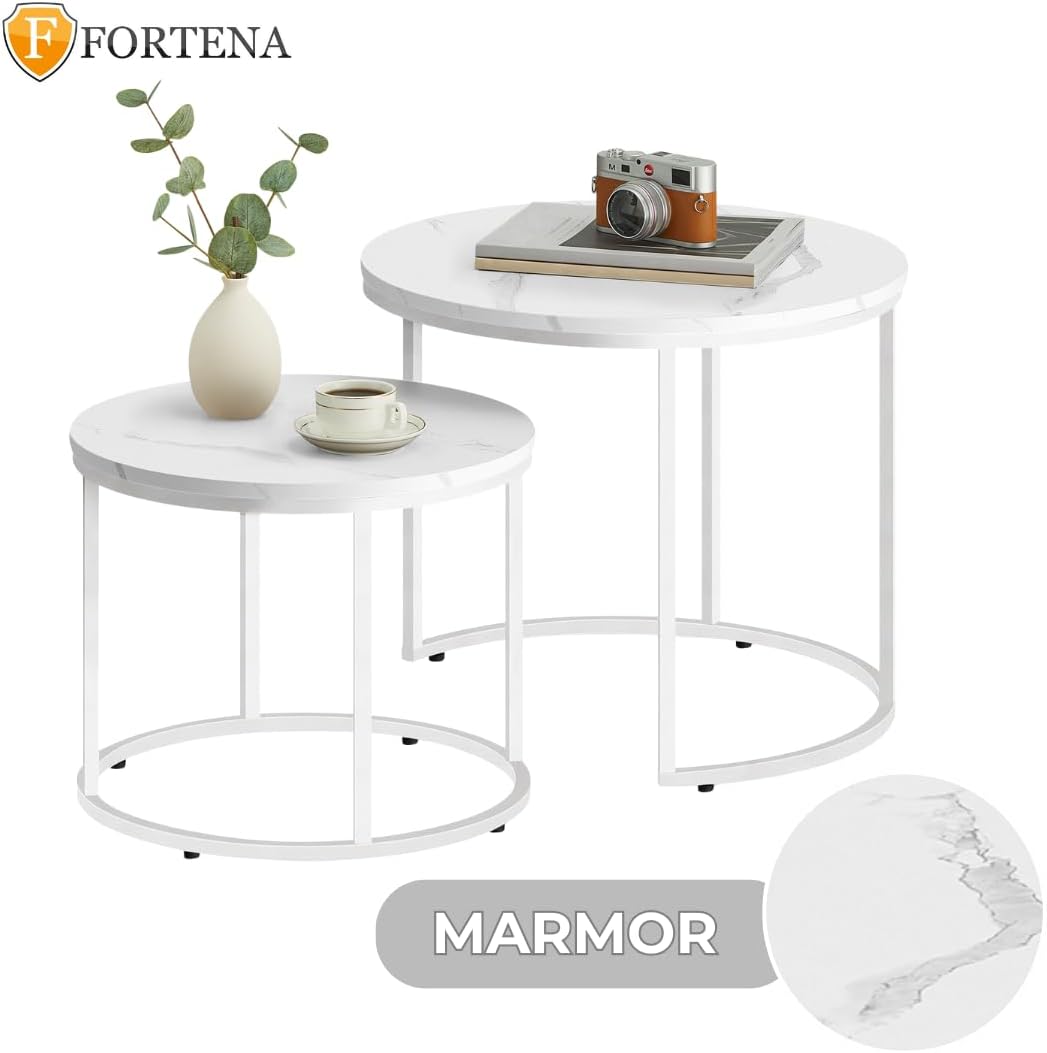 FORTENA 2er Set Couchtische, Schwarze oder goldene Metallbeine, Industrial-Stil, Raund (Marmor – Wei