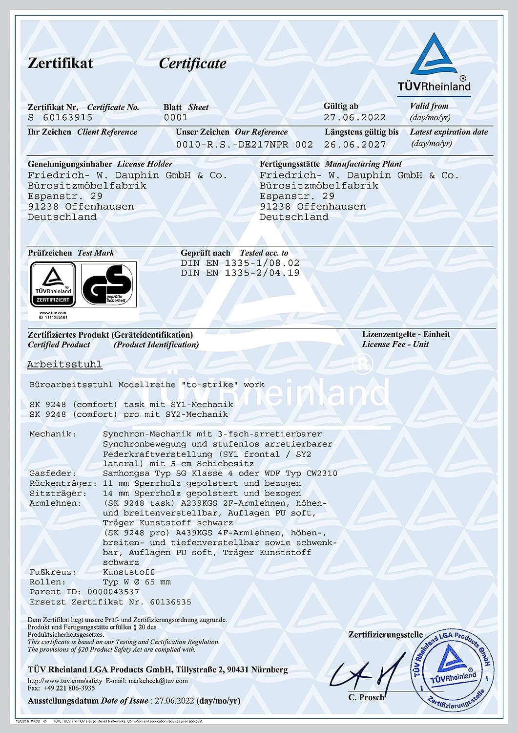 Trendoffice to-Strike Comfort pro sk 9248, Testsieger Stiftung Warentest, ergonomischer Bürostuhl mi