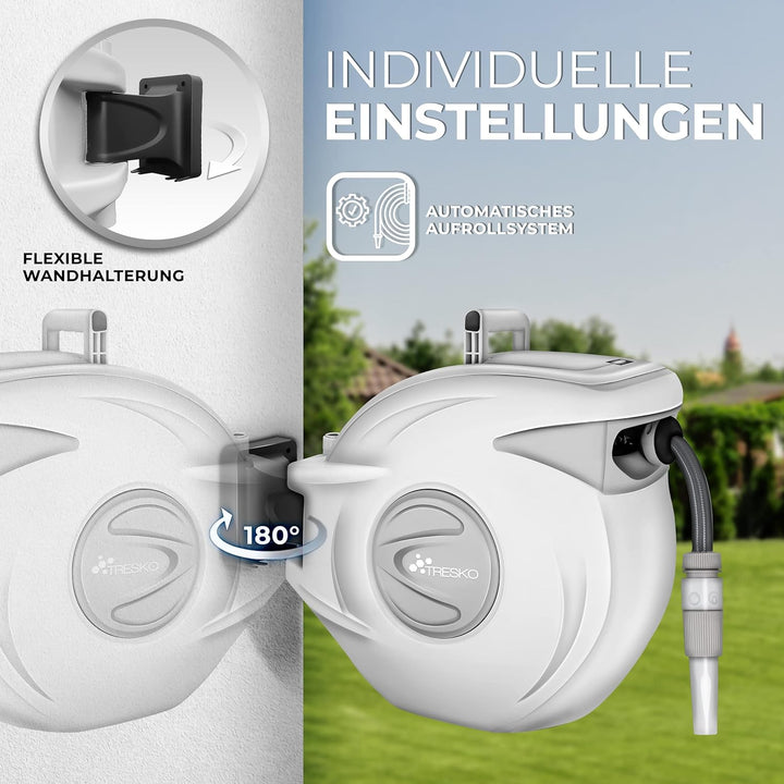TRESKO® Polypropylen (PP) Schlauchtrommel 30+2m Schlauchaufroller Wasser | mit Handbrause | 180° Sch