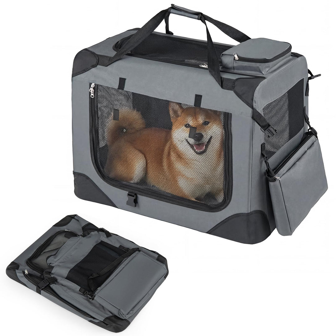 COSTWAY Hundebox Auto, Transportbox Hund faltbar (M-72 x 52,5 x 52,5 cm) | Hundetransportbox mit Gri