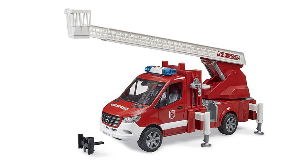 bruder 02673 - Mercedes-Benz Sprinter Feuerwehr mit Drehleiter Pumpe und Light & Sound Modul bworld
