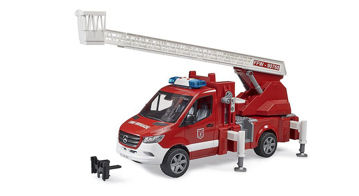bruder 02673 - Mercedes-Benz Sprinter Feuerwehr mit Drehleiter Pumpe und Light & Sound Modul bworld