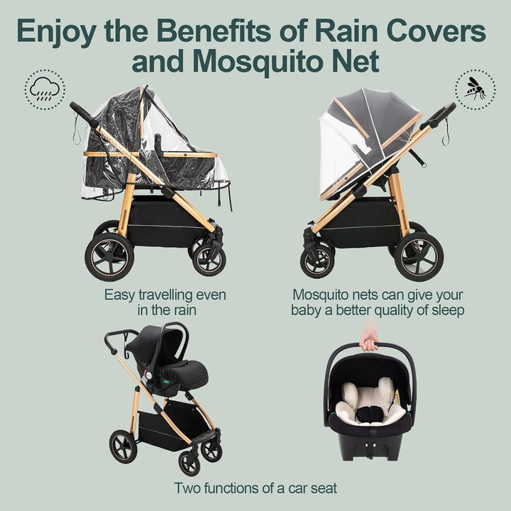 Kinderwagen 3 in 1 mit ISOFIX-Basis & Autositz, Reise Stroller, Kinderwagen & Buggys mit verstellbar
