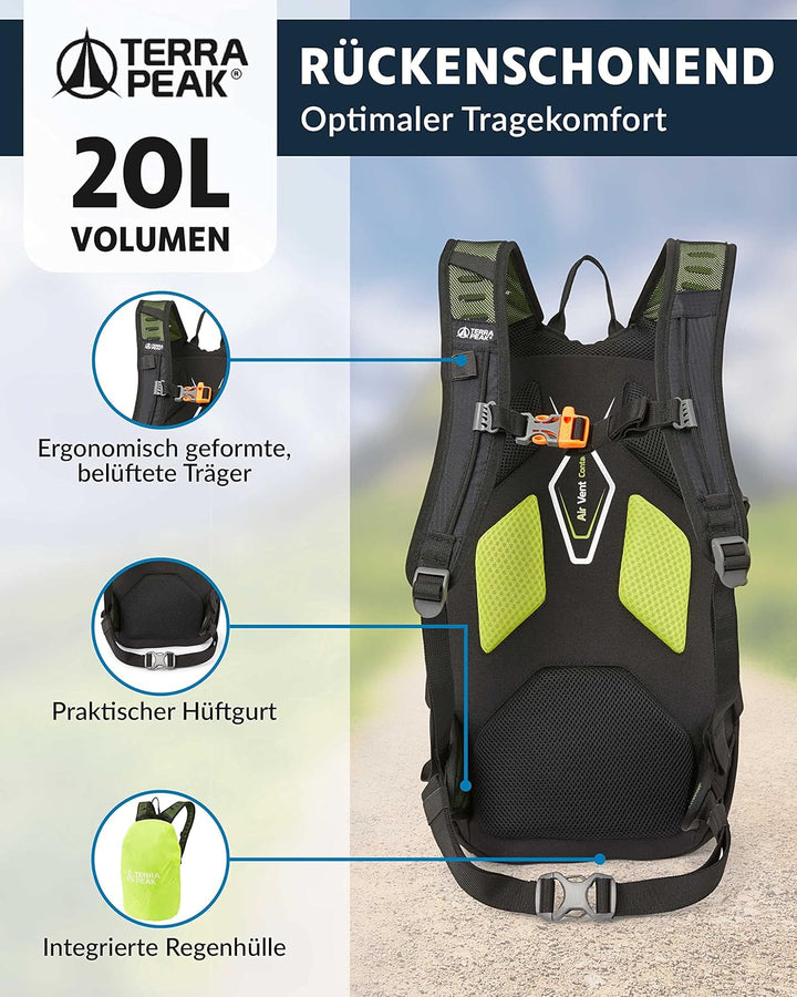 Terra Peak Wanderrucksack 20L Active 20 Premium (klein) Trekkingrucksack mit Rückenbelüftung, Regens