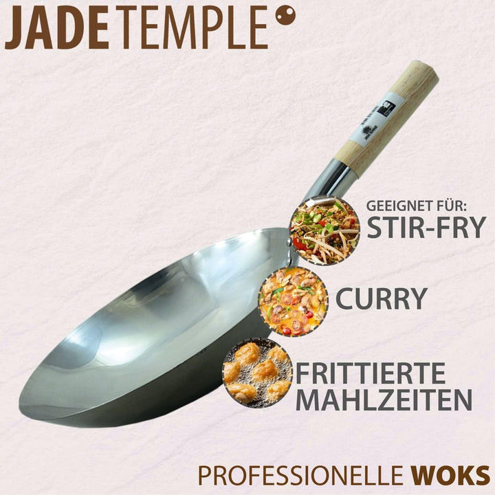 JADE TEMPLE 17102 Edelstahl Wokpfanne, 30cm Durchmesser, runder Boden, 18/8