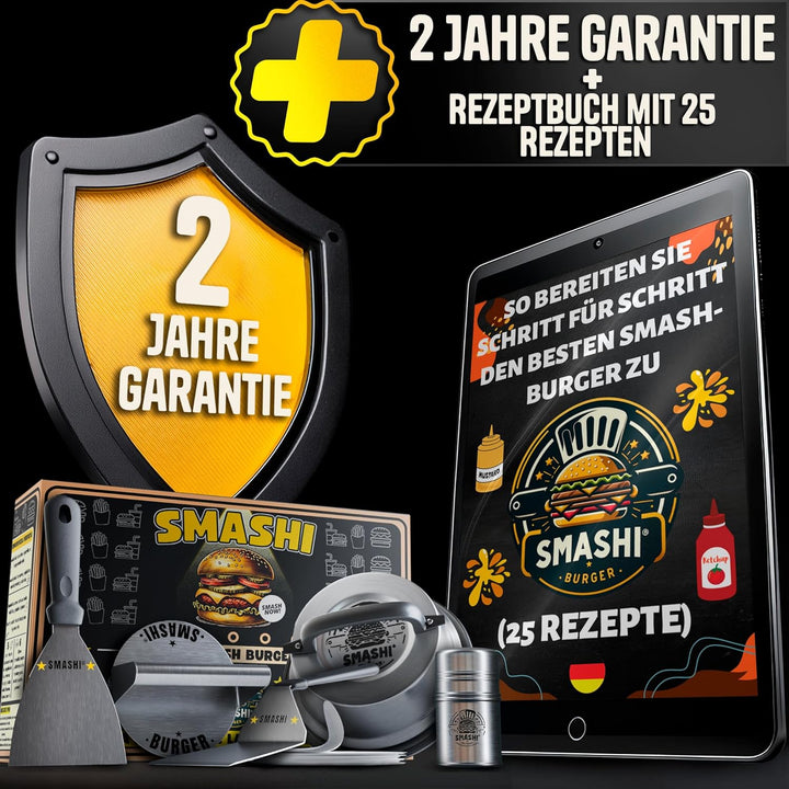 SMASHI® Smash Burger Set Professionell aus Edelstahl 304 – Burgerpresse, 2 Spachtel, Burgerglocke, G