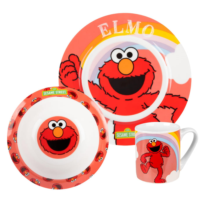 United Labels Elmo Frühstücksset Kinder, mit Elmo, Geschirr Set Porzellan, 3-teilig mit Teller, Scha