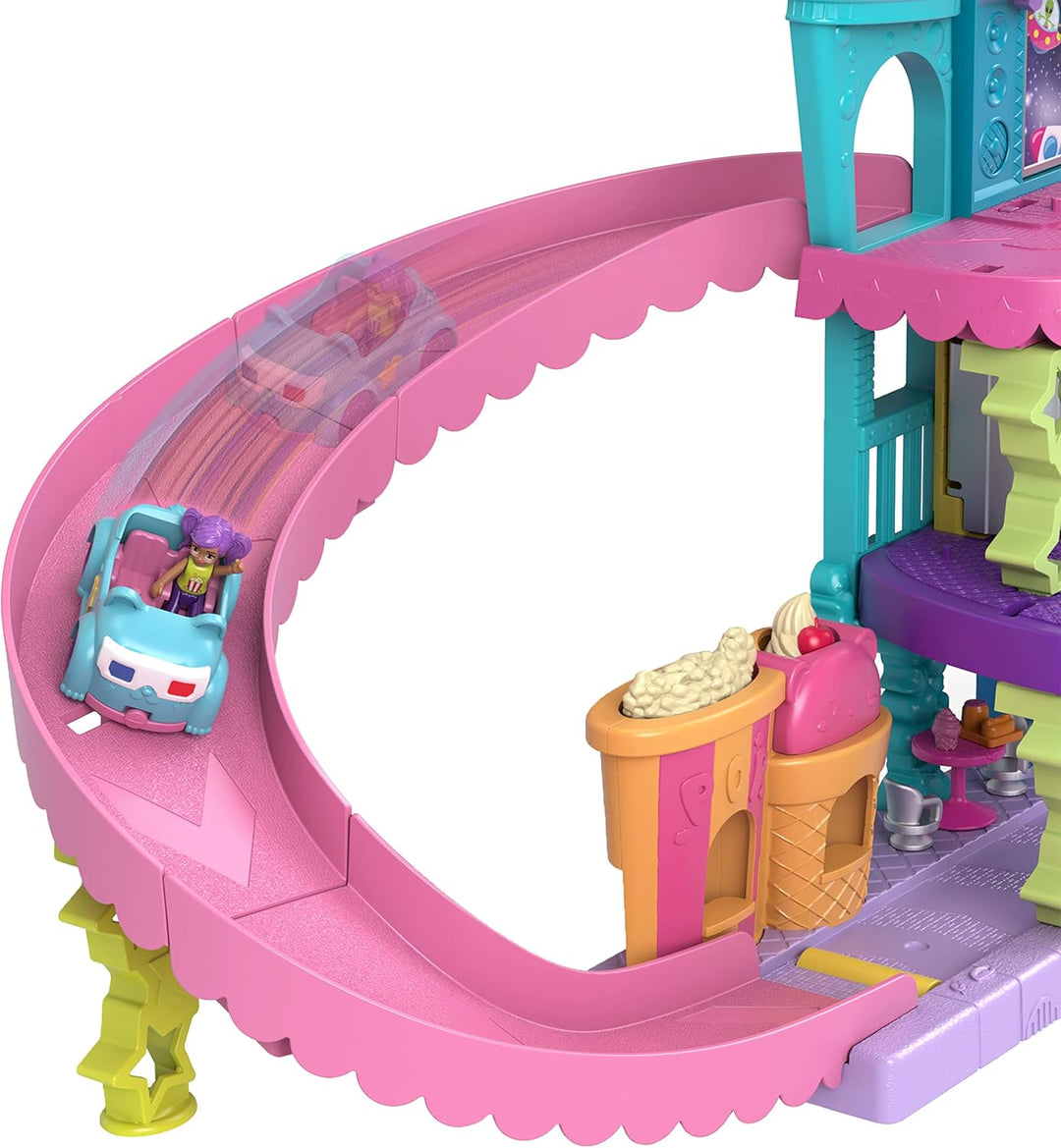Polly Pocket Pollyville Drive-In-Kino - 2 Puppen, 1 Spielzeugauto, 11 Zubehörteile, 3 Stockwerke, Au