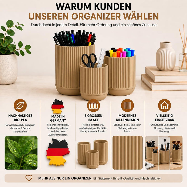 CABU Stiftehalter Beige 3er Set – Minimalistischer Schreibtisch Organizer – Multifunktionaler Stifte