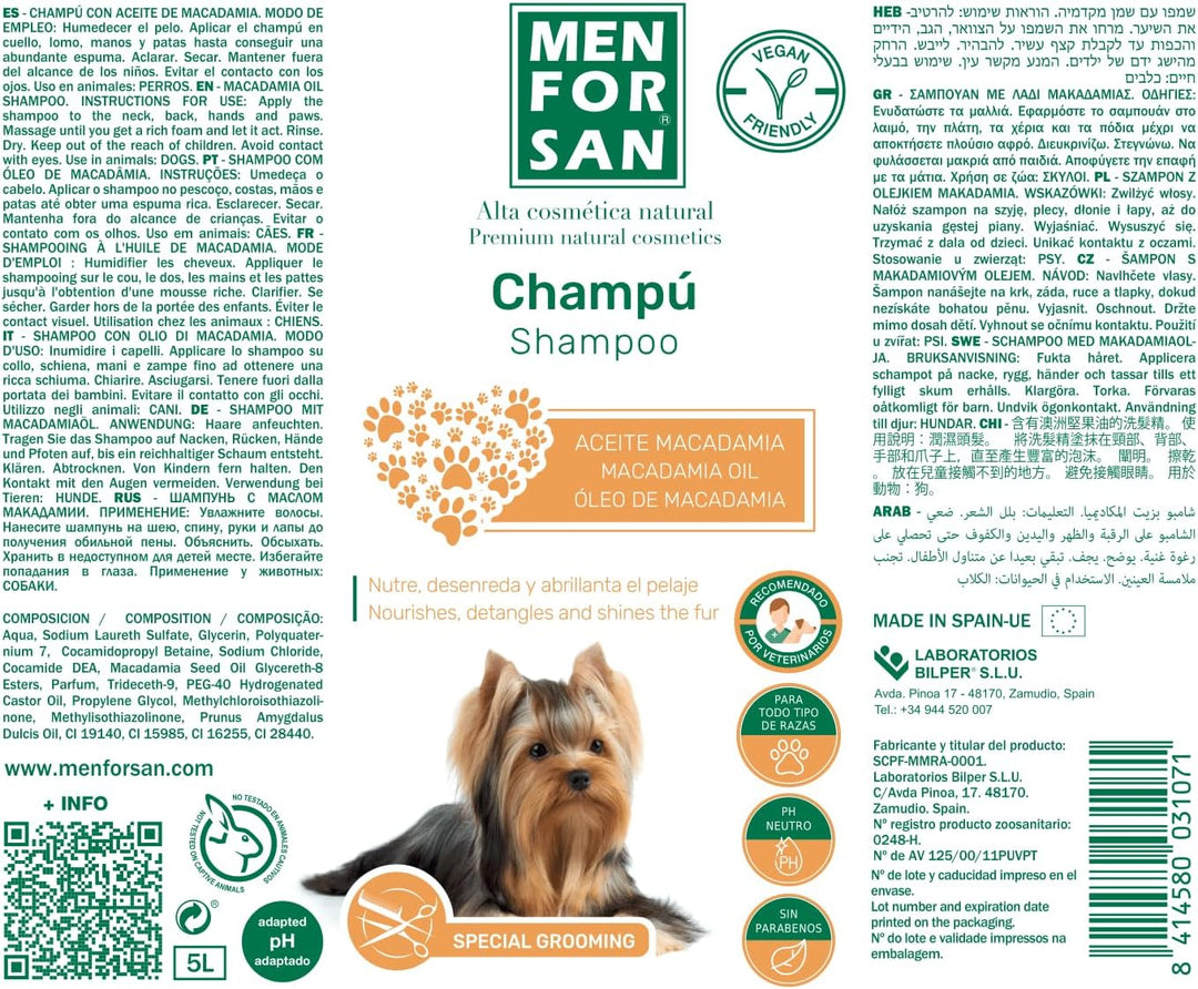 MENFORSAN Shampoo für Hunde Macadamiaöl 5L, Pflegt und glänzt, Entwirrungskraft citrica, citrica