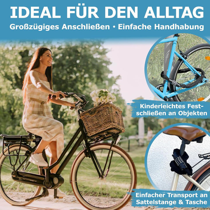 WIDDER Sicheres 8mm Kettenschloss mit Zahlencode (120cm lang, extra-grosse Zahlenräder, gehärtete St