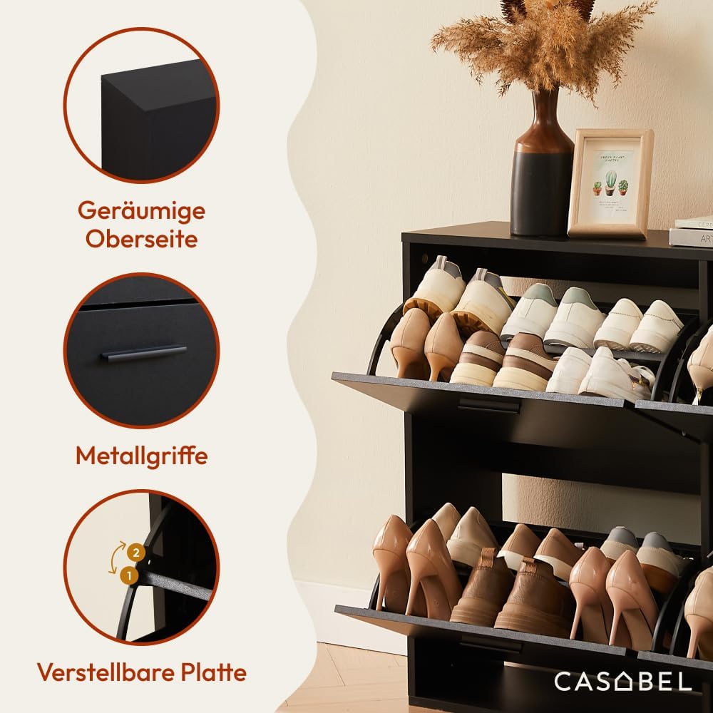 CASABEL Schuhschrank mit 4 Klappen – Schuhschrank Eingang Schwarz, Modernes Design, Grosse Kapazität