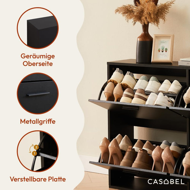 CASABEL Schuhschrank mit 4 Klappen – Schuhschrank Eingang Schwarz, Modernes Design, Grosse Kapazität