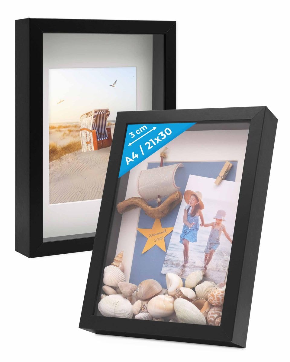 3D-Bilderrahmen zum Befüllen A4 21x30 cm, Schwarz, Bilderrahmen extra tief mit Passepartout, 2er Set