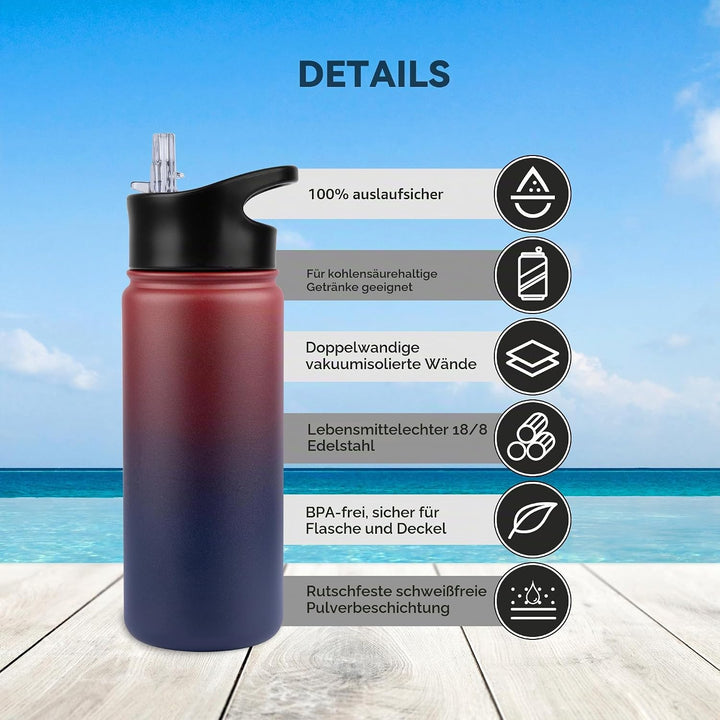 Edelstahl Trinkflasche - 500ml - mit Strohhalm,Auslaufsicher,Kohlensäure Geeignet,BPA frei Thermosfl