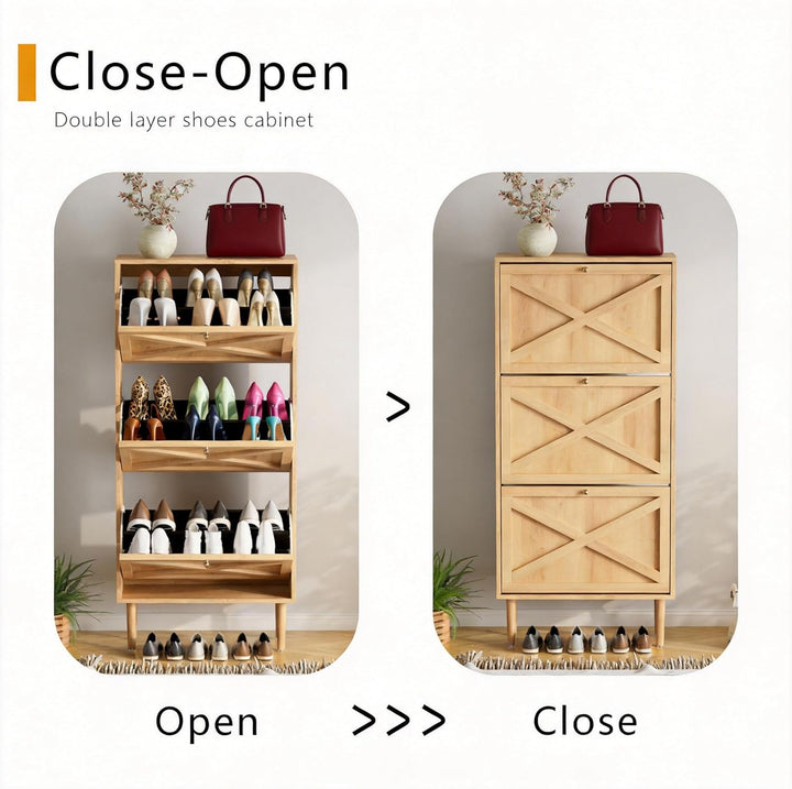 VDNEND Schuhschrank Holz Schmal & Hoch mit 3 Klappschubladen, Schuhkipper Platzsparender Schuhschran
