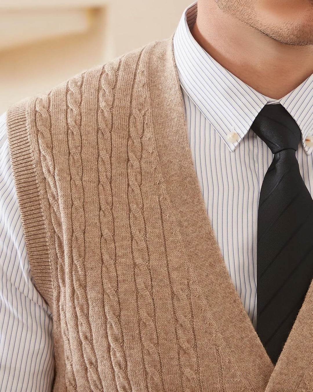 Kallspin Herren Strickweste Ärmellos Cardigan Wollmischung mit Zopfmuster und Knöpfen M Kaffee, M Ka