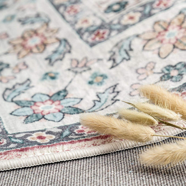 TALETA Mila Teppich Wohnzimmer, Blumenteppich Kurzflor,Wasserabweisender Orientalischer Küchenteppic