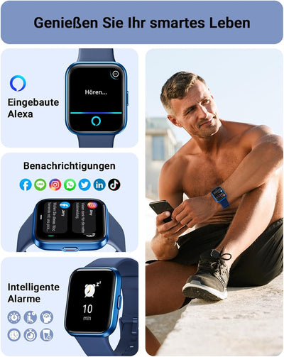 Tensky Smartwatch Herren Damen mit Telefonfunktion 1,8'' Alexa Integriert Fitnessuhr 100 Sportmodi,