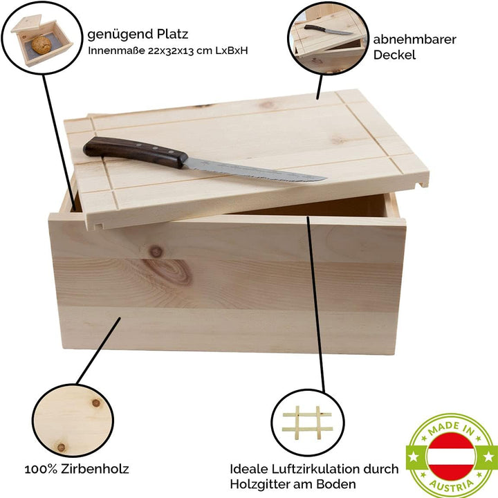 4betterdays.com NATURlich leben! Hochwertige Brotdose aus massivem Zirbenholz 35x25x15,8 cm | mit ab