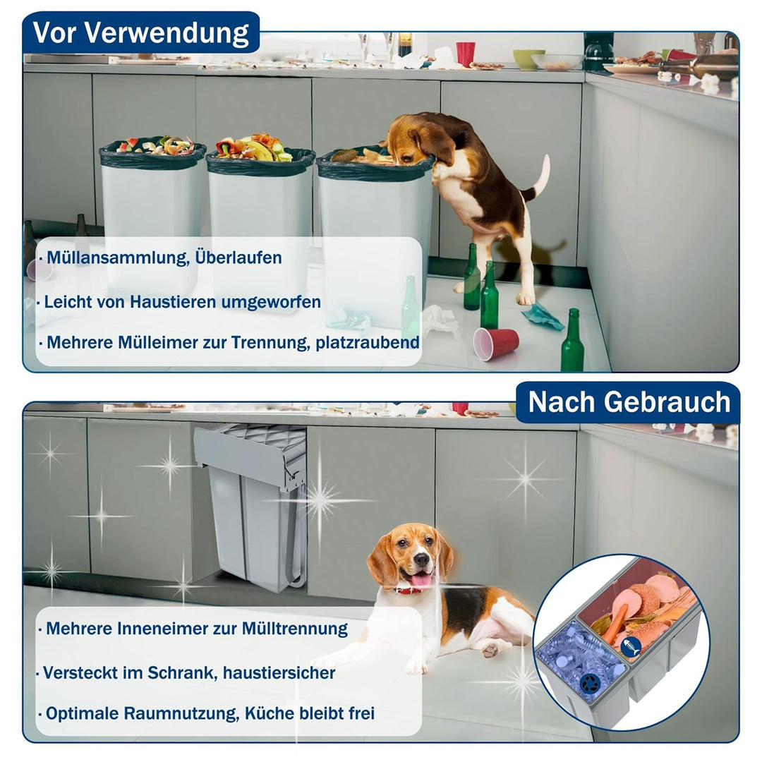 UISEBRT 3x10L Mülleimer Küche Unterschrank,Ausziehbar Mülltrennsystem mit Rutsche Kunststsoff,Einbau