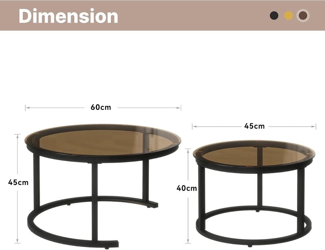 Hawthyhome 2 Stücke Beistelltisch Set rund, Moderne Kaffeetische, Couchtisch aus Glas mit Metallrahm