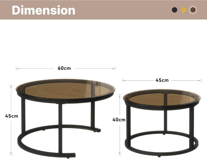 Hawthyhome 2 Stücke Beistelltisch Set rund, Moderne Kaffeetische, Couchtisch aus Glas mit Metallrahm