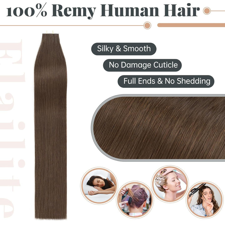 Elailite Echthaar Extensions Tape in 20 Stück Kleberband #2A Leberbraun, 30cm Haarverlängerungen Uns