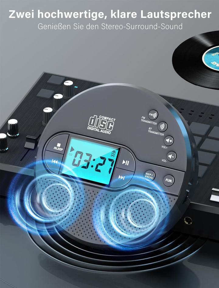 Walkman CD-Player mit Bluetooth - 2000mAh Wiederaufladbarer Discman CD-Player mit FM-Transmitter, Ko