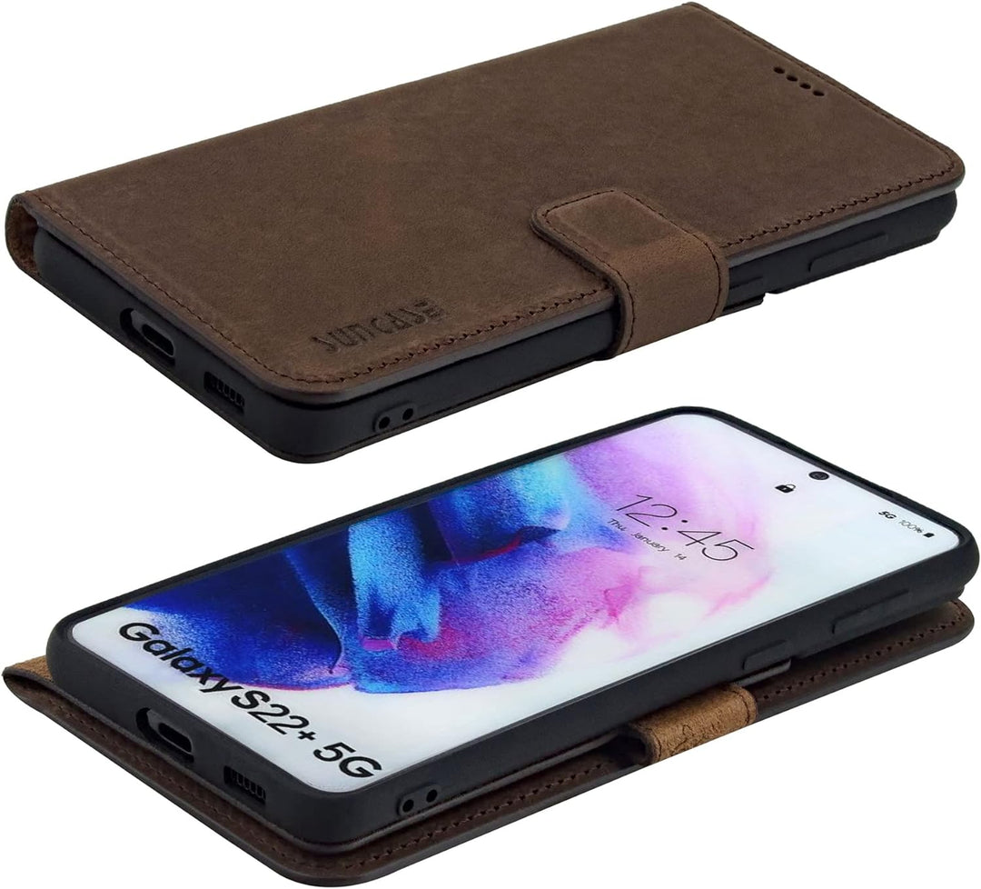 Suncase Book-Style Hülle kompatibel mit Samsung Galaxy S22 Plus 5G Leder Tasche (Slim-Fit) Lederhüll
