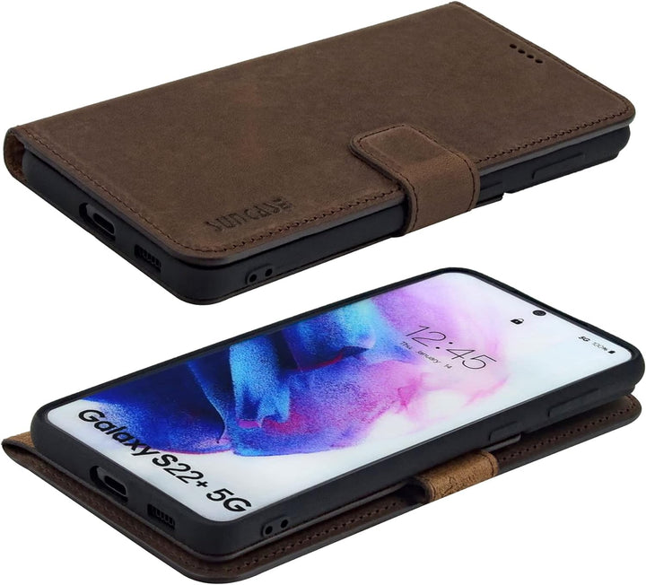 Suncase Book-Style Hülle kompatibel mit Samsung Galaxy S22 Plus 5G Leder Tasche (Slim-Fit) Lederhüll