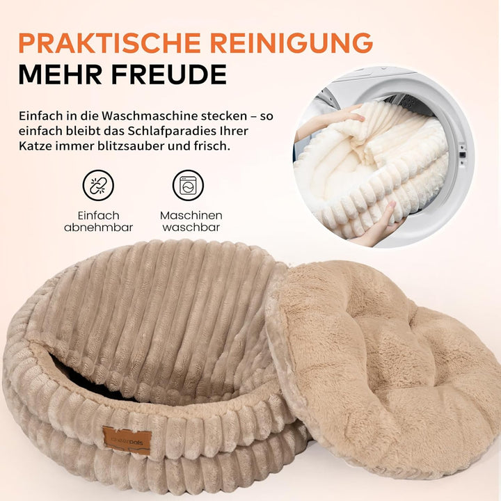CheerPals Katzenbett mit Deckel 50cm, Waschbar Kuschelhöhle, Winterversteck mit Hochelastischer Schl