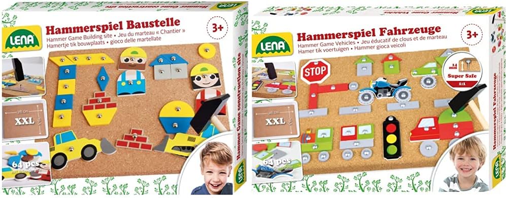 Lena 65828 Hammerspiel, Nagelspiel mit 64 bunten 8 Baustellen Teilen, ca. 28 x 19,5 cm & Hammerspiel