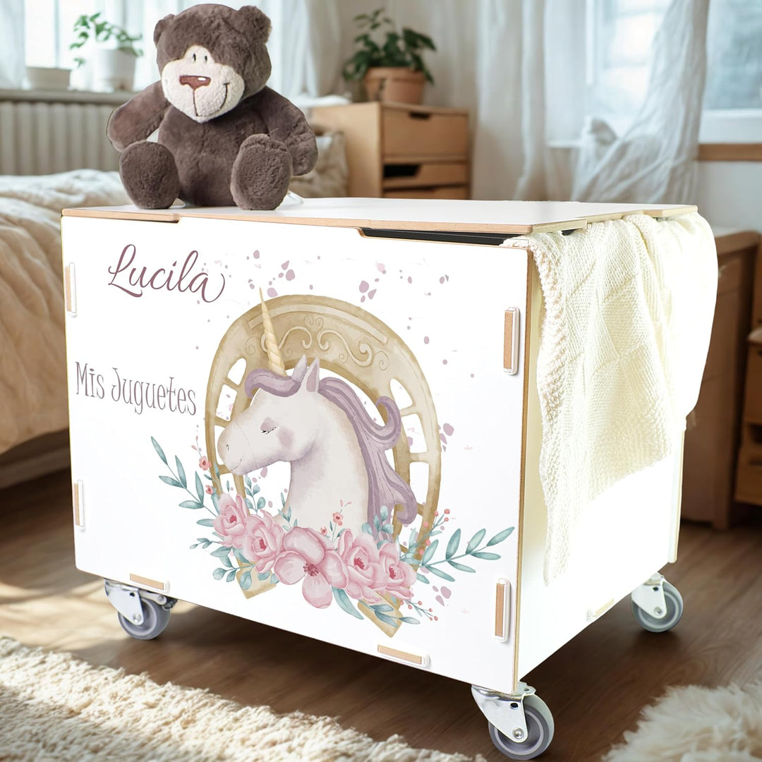 Peronalisierbare Aufbewahrungsbox mit Einhorn Mädchen-Motiv (33x45,5x34,5cm + 6cm Räder-Höhe) Aufbew