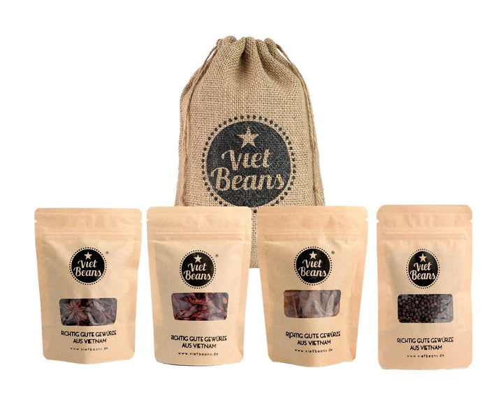 Vietnamesisches Gewürzset - Vier exotische Gewürze im Jutesack - Geschenkidee Gewürze (Pho-Gewürzset