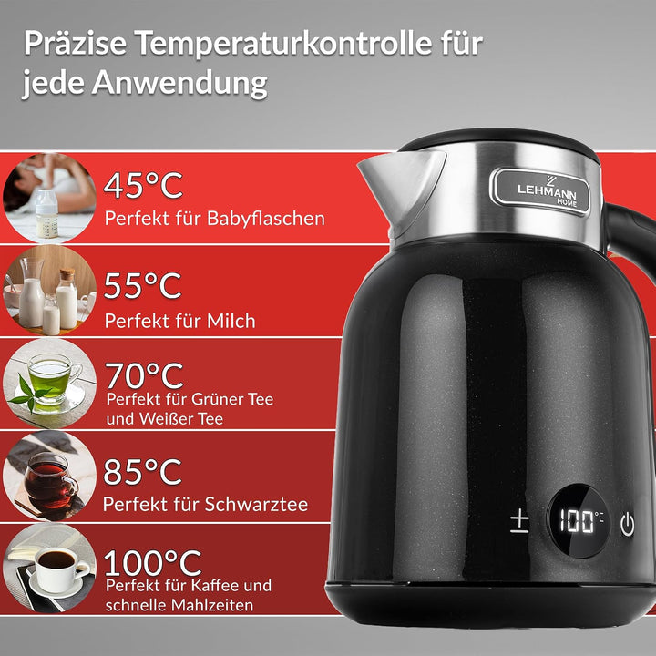 LEHMANN Wasserkocher 1,5L mit Temperatureinstellung 40-100°C, Warmhaltefunktion, LED-Display, Doppel