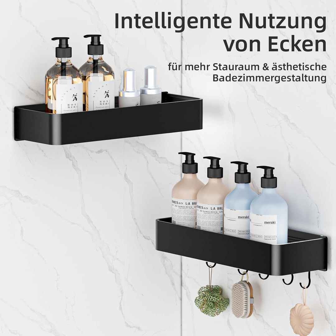 Wisfame Duschablage ohne Bohren, 2 Stück Aluminium Badezimmer Organizer mit 5 Haken, Wasserdichter,