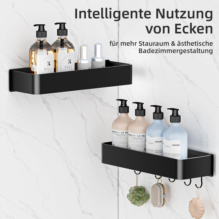 Wisfame Duschablage ohne Bohren, 2 Stück Aluminium Badezimmer Organizer mit 5 Haken, Wasserdichter,
