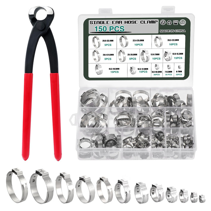 Knpwer 150 Stück 304 Edelstahl Einzelohr Stufenlos Schlauchschellen Set,6-33.1mm 12 Grössen Crimp Sc