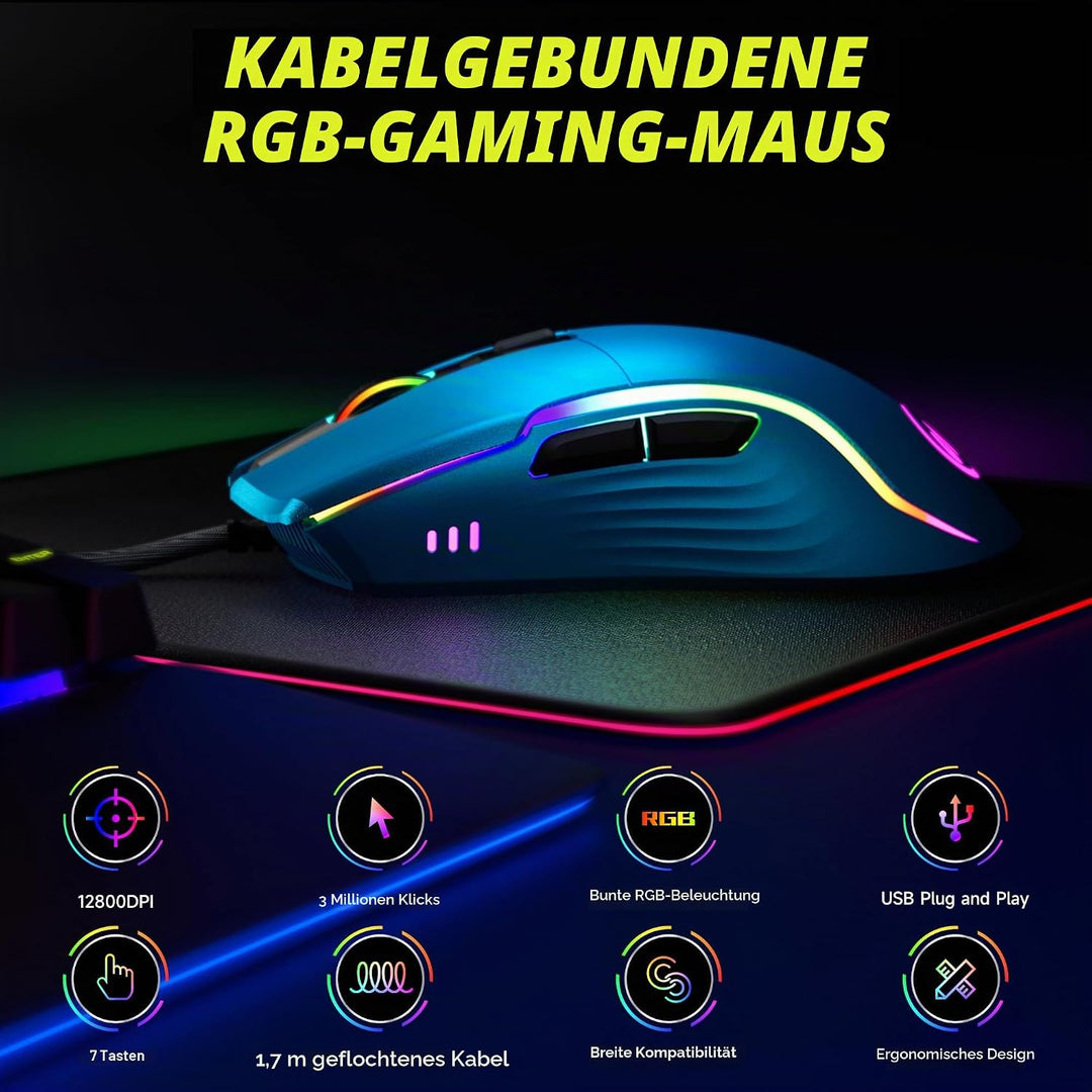 memzuoix Gaming Maus mit Kabel und LED-Lichtern – 12.800 DPI einstellbar, 6 Tasten, 12 RGB-Modi, Erg