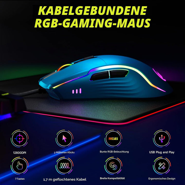 memzuoix Gaming Maus mit Kabel und LED-Lichtern – 12.800 DPI einstellbar, 6 Tasten, 12 RGB-Modi, Erg