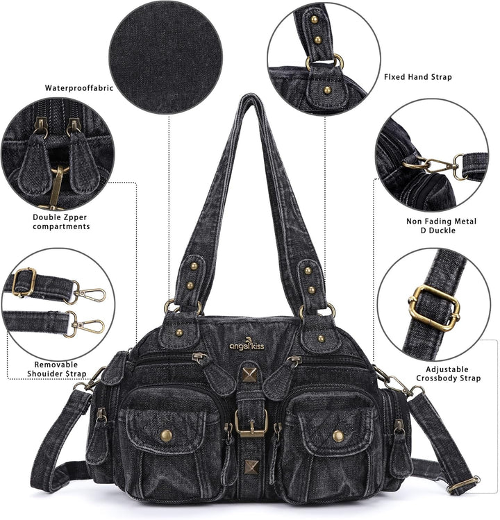 Angel Kiss Damen Handtasche 2 Hauptfächer Multifunktionale Handtasche Weich PU Leder Tasche mit Reis