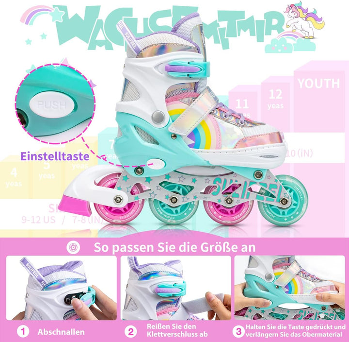 SULIFEEL Rainbow Unicorn Verstellbare Schwarz Rollschuhe für Kinder mit Leuchtenden Rädern für Junge