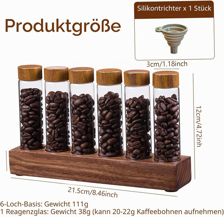 Kaffeebohnen -Röhren Kaffeebohnenkeller 6pcs Einzeldosis Kaffeebohnen -Lagerrohre mit Holzständer ＆