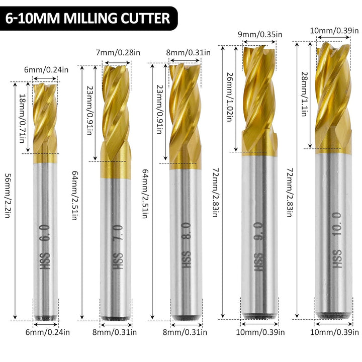 10 Stück HSS Schaftfräser Set 2–10 mm 4 Schneiden | Titanbeschichtete CNC Fräser mit 6/8/10 mm Schaf