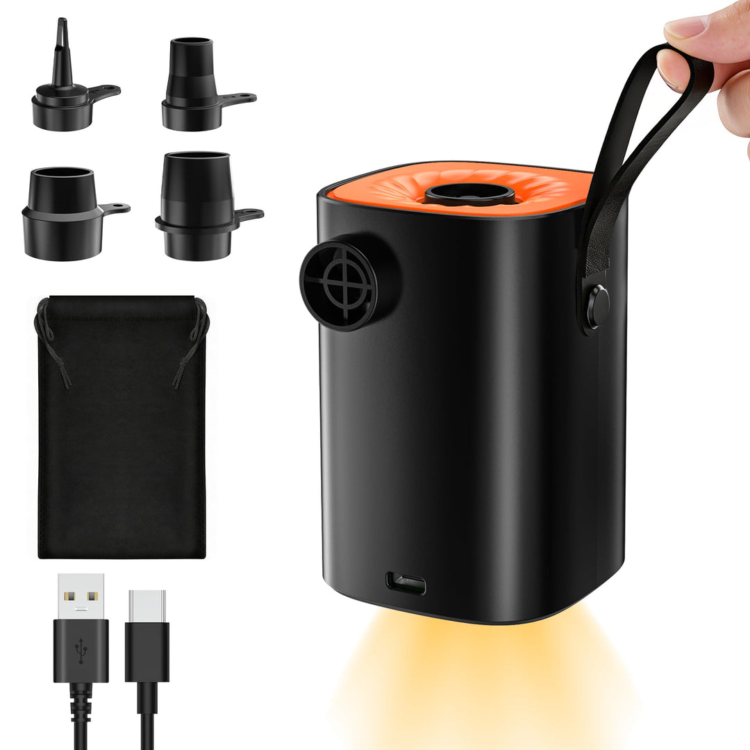 Elektrische Luftpumpe, 4000mAh Akku Luftpumpe mit LED-Beleuchtung/Aufhängehaken/4 Luftdüse | 5 kPa,