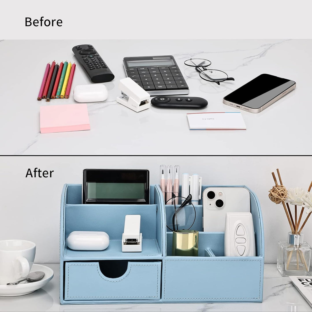 KINGFOM Büro Schreibtisch Organizer Ordnungssystem Tisch Organizer PU Leder Stiftehalter Stiftebox S